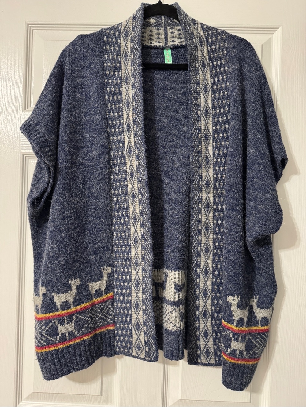 Jany Aztec Llama Sweater Shrug Short Sleeve Blue Oversized One Size